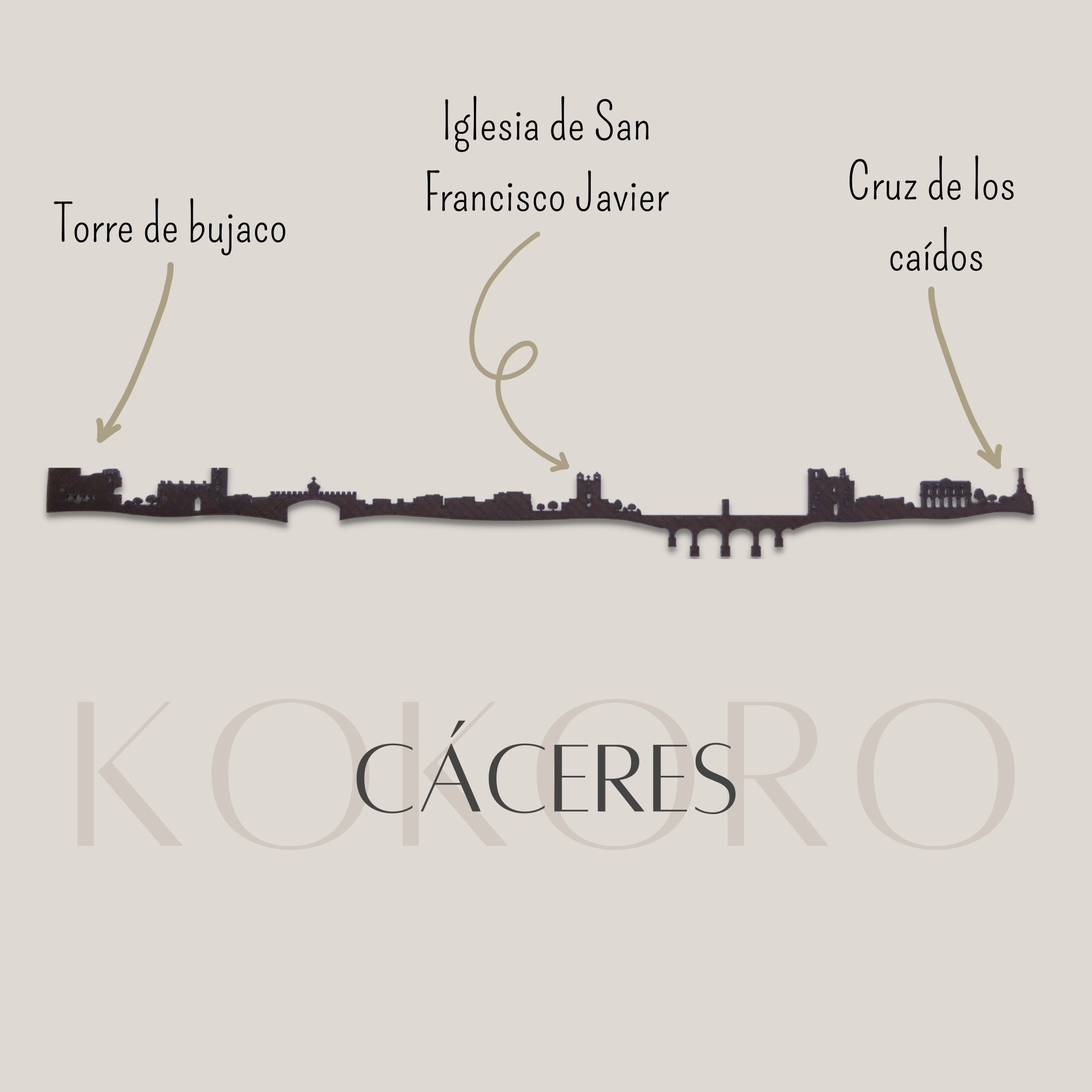 Skyline de Cáceres hecho con material reciclado para decoración en pared